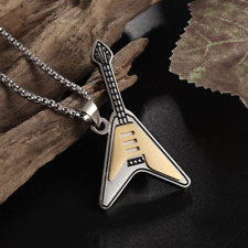 Guitar Music Notes Stainless Steel Gold Rock Shaped Pendant Rope Chain Necklace