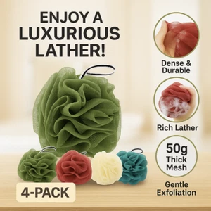 4 Pack Shower Loofah Sponges Mesh Bath Pouf Body Scrubber Exfoliator Soft Mesh - Picture 1 of 8