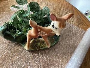 Vintage Mid Century Bambi Baby Deer Fawn Drip Glaze Green White Planter Disney - Picture 1 of 15