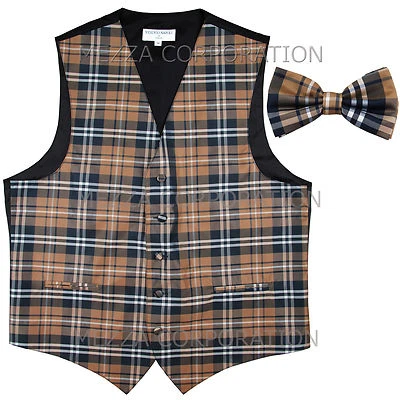 New Vesuvio Napoli Men's plaid checkered Tuxedo Vest Waistcoat_Bowtie Brown - Image 1 of 4