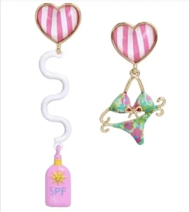 Betsey Johnson Sunscreen Bottle Bikini Mismatch Drop Earrings Acrylic Heart New - Picture 1 of 6