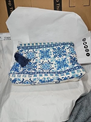 Bolso sin asas Anthropologie Jasper & Jeera estampado lino borlas azul crema Foto 1 de 4