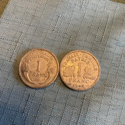 1941, 1942 France 1 Franc - WWII- 2 Coins - Image 1 of 2