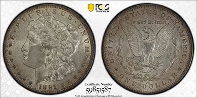 1891-CC Morgan Silver Dollar $1 PCGS AU-58 VAM-3 Spitting Eagle TOP 100! - Image 1 of 4