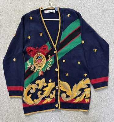 ВИНТАЖНЫЙ бабушки свитер женщин украшенный Рождественская вечеринка кардиган Chaus средний - Изображение 1 из 4