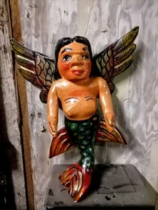 Vintage Volkskunst Meerjungfrau Sirene kleine Figur Maske geschnitzt Holz tolle Details 11" - Bild 1 von 9
