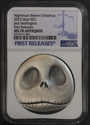 Niue Jack Skellington 2023 primeros lanzamientos Pesadilla antes de Navidad $2 NGC MS70 Foto 1 de 2
