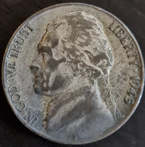 US COINS - JEFFERSON SILVER WAR NICKEL - 1945 P - FREE SHIPPING - Bild 1 von 2