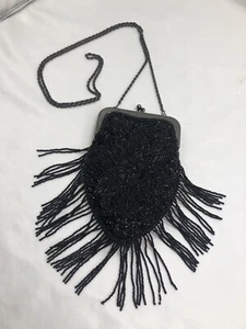 Valarie Stevens Black Beaded Fringed Art Deco Purse  - Picture 1 of 14