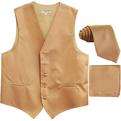New Men's Horizontal Stripes Tuxedo Vest Waistcoat_tie & hankie beige formal  - Image 1 of 4