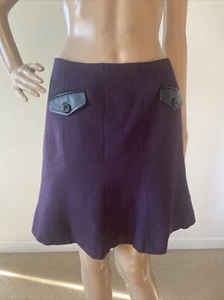 Kensie Dark Purple Wool Blend Flared Skirt Black Faux Leather Trim Lined Sz 4/S - Picture 1 of 12