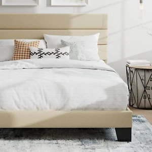 Full Size Platform Bed Frame with Upholstered Fabric Headboard, Beige - Picture 1 of 6