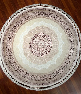 Alfombra de bambú redonda roja beige de 5x5 pies - Alfombra de seda circular vintage para decoración del hogar Foto 1 de 4