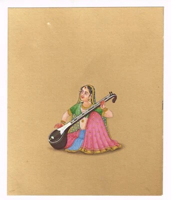 Handmade Indian Miniature Painting Of Meera Bai With Musical Instrument - Image 1 of 4