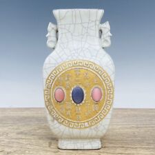 8.9" China old Song dynasty Porcelain guan kiln marked gem inlay double ear vase