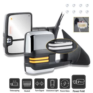 Chrome Power Fold Tow Mirrors White Running Light For 08-17 Sequoia 07-21 Tundra - Picture 1 of 16