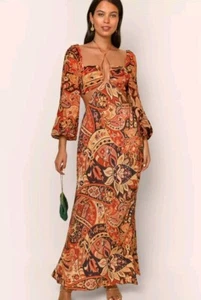 Rixo Kamilla Dress In Orange Paisley Print | UK 10 - 12 / EU 38 - 40 | Silk Maxi - Picture 1 of 7