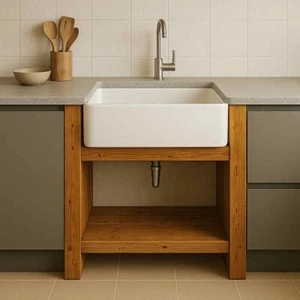Rustic butler sink kitchen stand slatted wooden unit - Picture 1 of 2