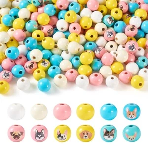 200pcs Round with Dog Pattern Wood European Beads Jewelry Making 16mm Hole 4mm - Picture 1 of 9