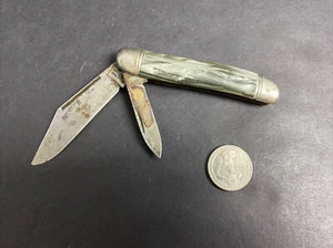 Vintage Hammer Brand Folding Pocket Knife 2 Blades Gray Marble Looking Handle - Picture 1 of 11