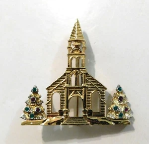 Premier Designs Vintage Church Pin Christmas Trees Crystals Gold Plated - Picture 1 of 7