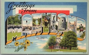 Postal de colección MARYLAND carta grande capitolio estatal y flor / lino Tichnor - Imagen 1 de 2