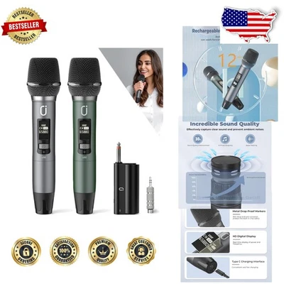Pro UHF Wireless Dual Microphones Green Metal 12Hr Battery Karaoke Stage - Image 1 of 4