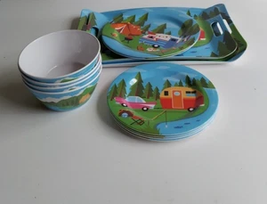 Melamine Camping, Airstream and Tent Theme Plates Bowls and Trays,12 Pieces, NEW - Picture 1 of 15