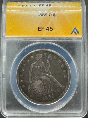 Dólar de plata libertad sentada 1859-O Anacs EF45 11EBH25 Foto 1 de 4