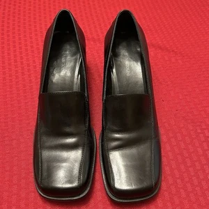 Enzo Angiolini Size 10.5 Black Leather Loafer Square Toe Block Heel Y2K Shoe - Picture 1 of 6