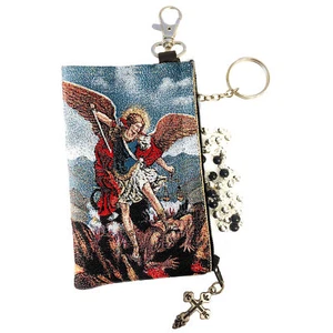 Saint Michael Reversible Tapestry Cloth Rosary Key Chain Coin Case Pouch 4 3/4 " - Picture 1 of 1
