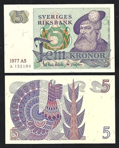 Sweden Suede 5 Kronor 1977, UNC- P-51d, Black Serial Number - Picture 1 of 3