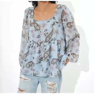 American Eagle Floral Tie Back Blouse Light Blue Paisley Chiffon Size M NWOT - Picture 1 of 7