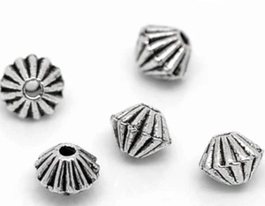 Bicone Metal Spacer Beads - 50 pcs - Antique Silver Tone - 4mm - Striped Pattern - Picture 1 of 3