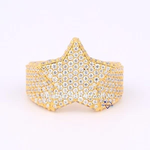 Star Face 14KT Yellow Gold With Small Round Cut Moissanite Hip Hop Diamond Ring - Picture 1 of 6
