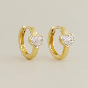 14K Diamond Heart Huggie Hoop Earrings Real Solid Gold Micropavé Natural Genuine - Picture 1 of 19