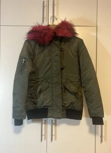 Aqua Green Puffer Coat Pink Fur Lined XS Duck Down Insulation - Picture 1 of 6