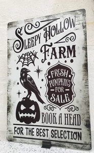 Rustic Primitive Metal Halloween sleepy hollow farm pumpkins sign plaque - Picture 1 of 1