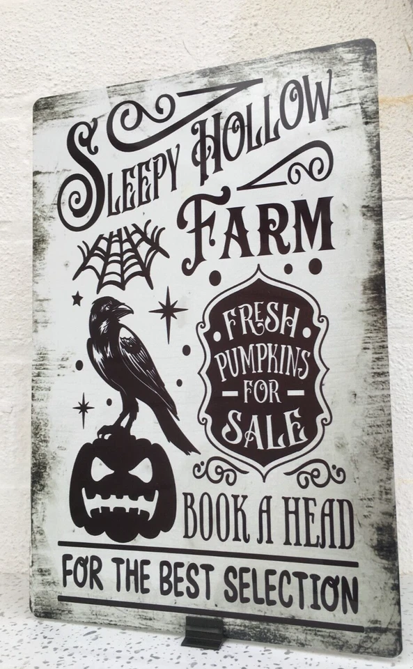 Rustic Primitive Metal Halloween sleepy hollow farm pumpkins sign plaque - Image 1 of 1