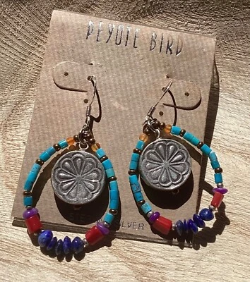 Peyote Bird Designs Colorful Turquoise Lapis Coral Hoop Stone Silver Earrings - Image 1 of 4