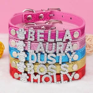 Personalized Dog Collar Leather Rhinestone Bling Charms Custom Pet Dogs Cat Name - Picture 1 of 17
