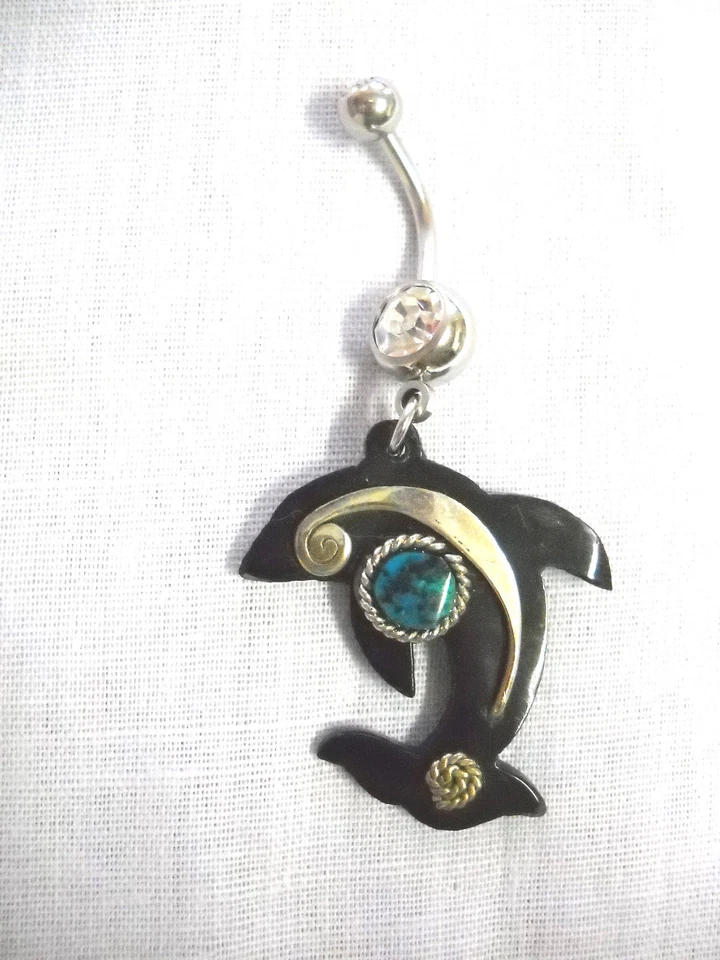NUEVO CUERNO DE TORO MARINERO DELFÍN RECORTADO con TURQUESA 14g ANILLO OMBLIGO CIRCONITA TRANSPARENTE Foto 1 de 1