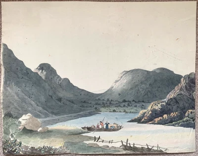 Pintura Antigua Original 1780 Río Irthing Cumberland Barco de Remos Paisaje Reino Unido Foto 1 de 4