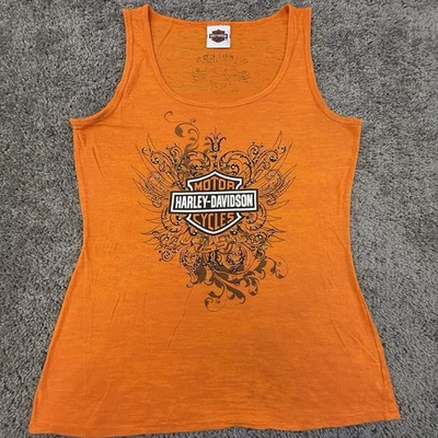 Regata feminina Harley Davidson grande laranja Wieblers Davenport IA confortável motociclista - Imagem 1 de 4
