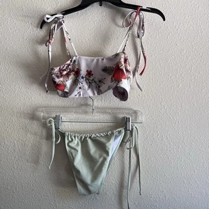 ZAFUL Floral Bikini Top & Green Tie Bottoms Mixed Set Size M Straight Bandeau - Picture 1 of 17