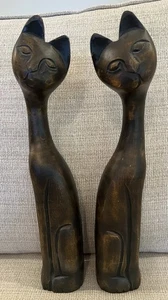 Coppia Vintage MCM Legno Intagliato Gatti Siamesi Alti 18” Statue Figure Sculture - Foto 1 di 14
