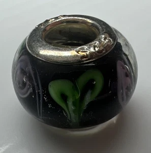 925 Sterling Silver Murano Glass Bead European Lampwork Slide Roses Black Green - Picture 1 of 8
