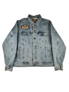 VTG Harley Davidson Denim Jacket Mens Embroidered Flaming Eagle Patch On Back L - Picture 1 of 23