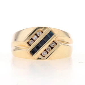 Yellow Gold Sapphire & Diamond Men's Diagonal Stripe Ring -14k Sq .58ctw Cluster - Picture 1 of 9