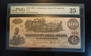 T-39 PMG 25 1862 $100 CONFEDERATE STATES OF AMERICA CURRENCY (NICE) SEE REVERSE - Picture 1 of 2